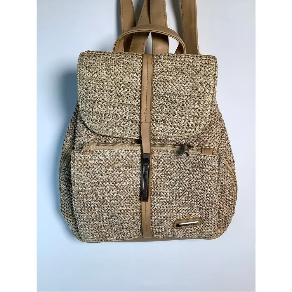 Marina Galanti Tan Woven Straw Raffia Backpack Purse Italian Travel P8-3